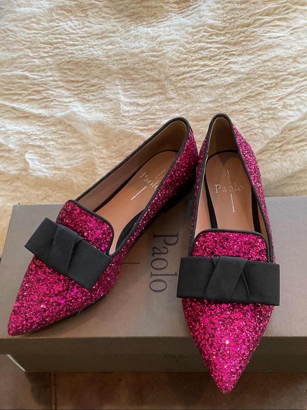 Paolo Women's Hot Pink Glitter Pointed Flats with Black Bow